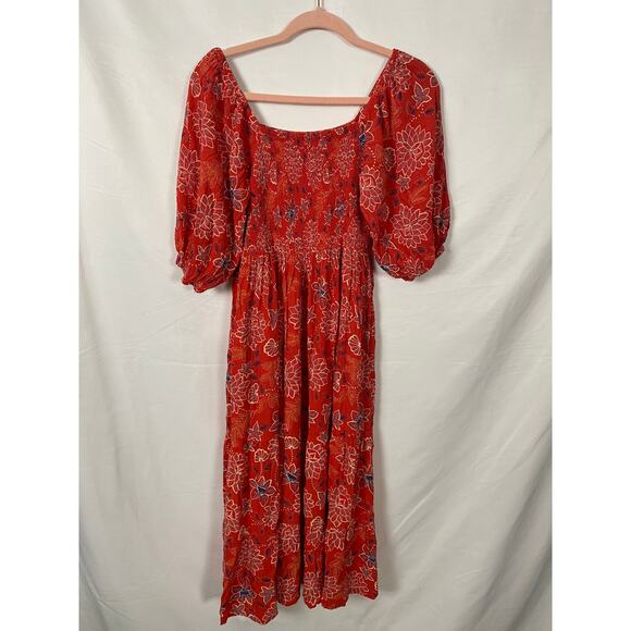 Angie Rayon Smocked Res MIDI Dress Balloon Sleeve Pocketed Floral Summer Size M - Picture 2 of 8